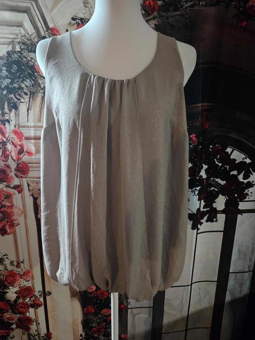 LOFT Shimmery Taupe Sleeveless Bubble-Hem Blouse